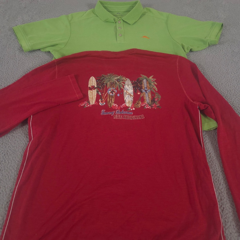 LOT OF 2 Tommy Bahama Shirt Mens Large Green Red Mele Kalikimaka Pima Cotton VTG